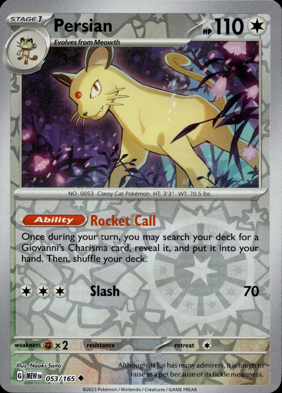 Persian 053/165 Uncommon 151 Pokemon Reverse Holo Near Mint