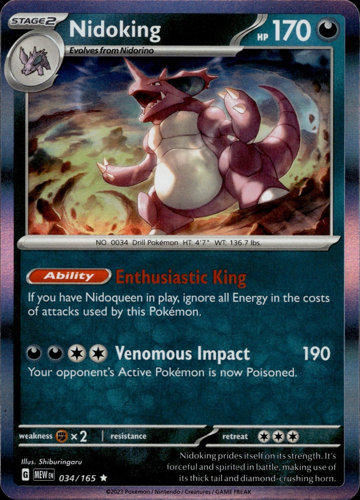 Nidoking 034/165 Rare 151 Pokemon Holo Near Mint