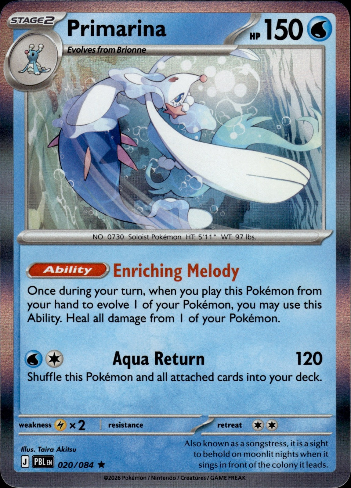 Primarina 020/084 Rare Pitch Black Pokemon Holo Near Mint