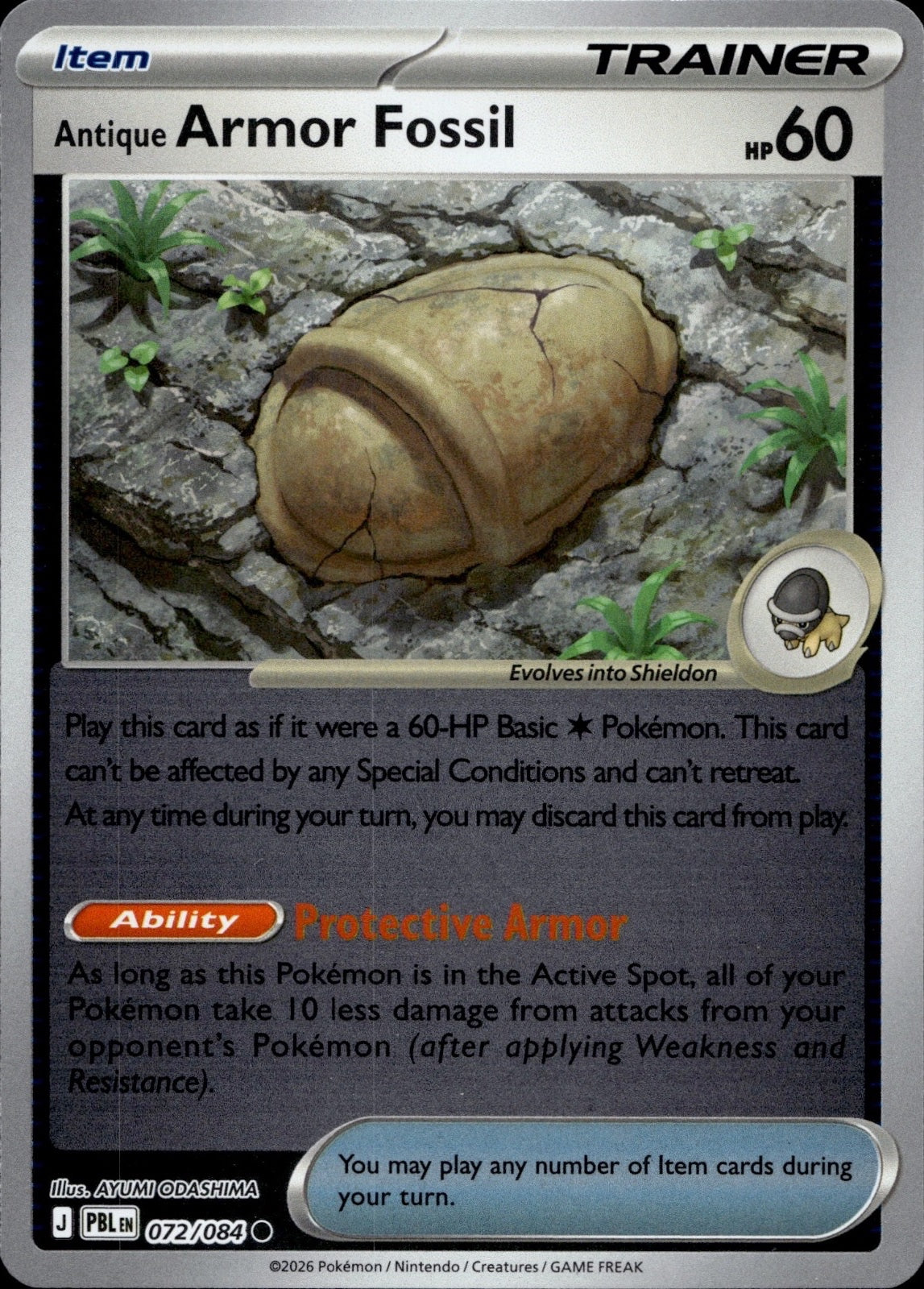 Antique Armor Fossil 072/084 Common Pitch Black Pokemon Reverse Holo Near Mint