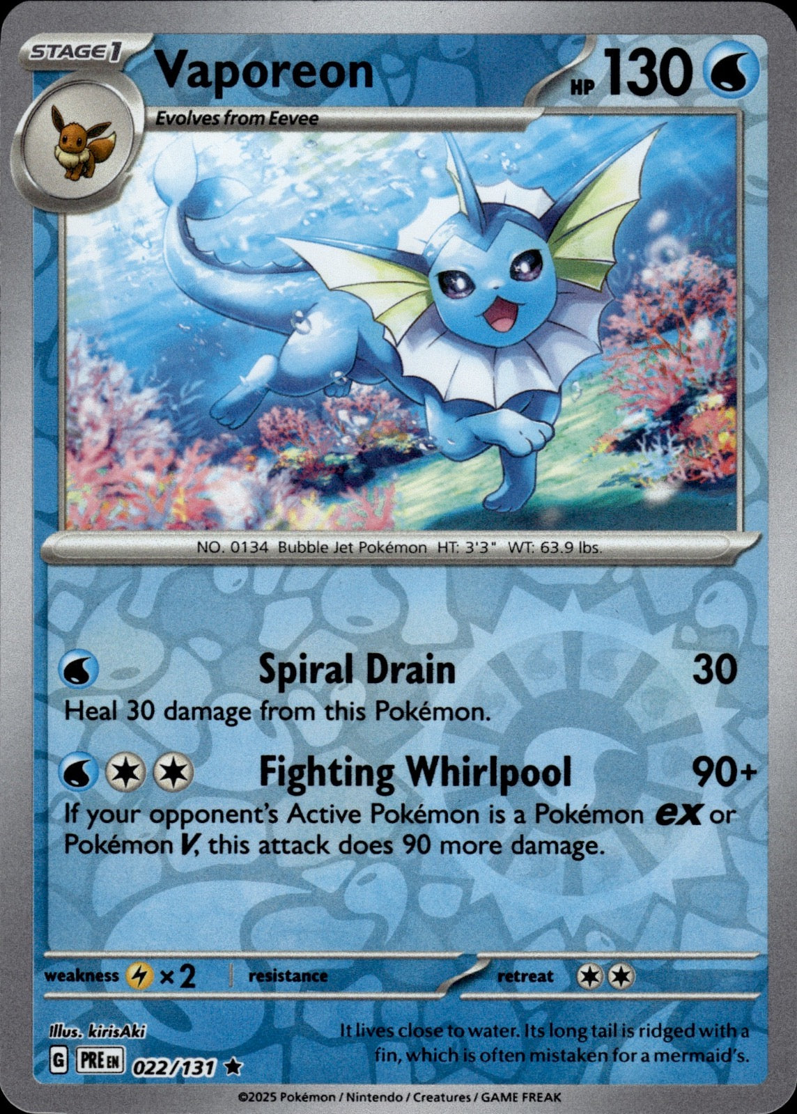 Vaporeon 022/131 Rare Prismatic Evolutions Pokemon Reverse Holo Near Mint